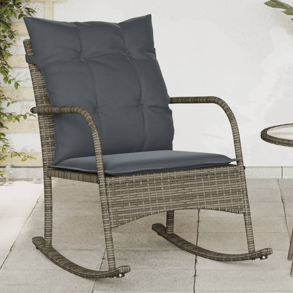 Silla mecedora de jardín con cojines ratán sintético beige