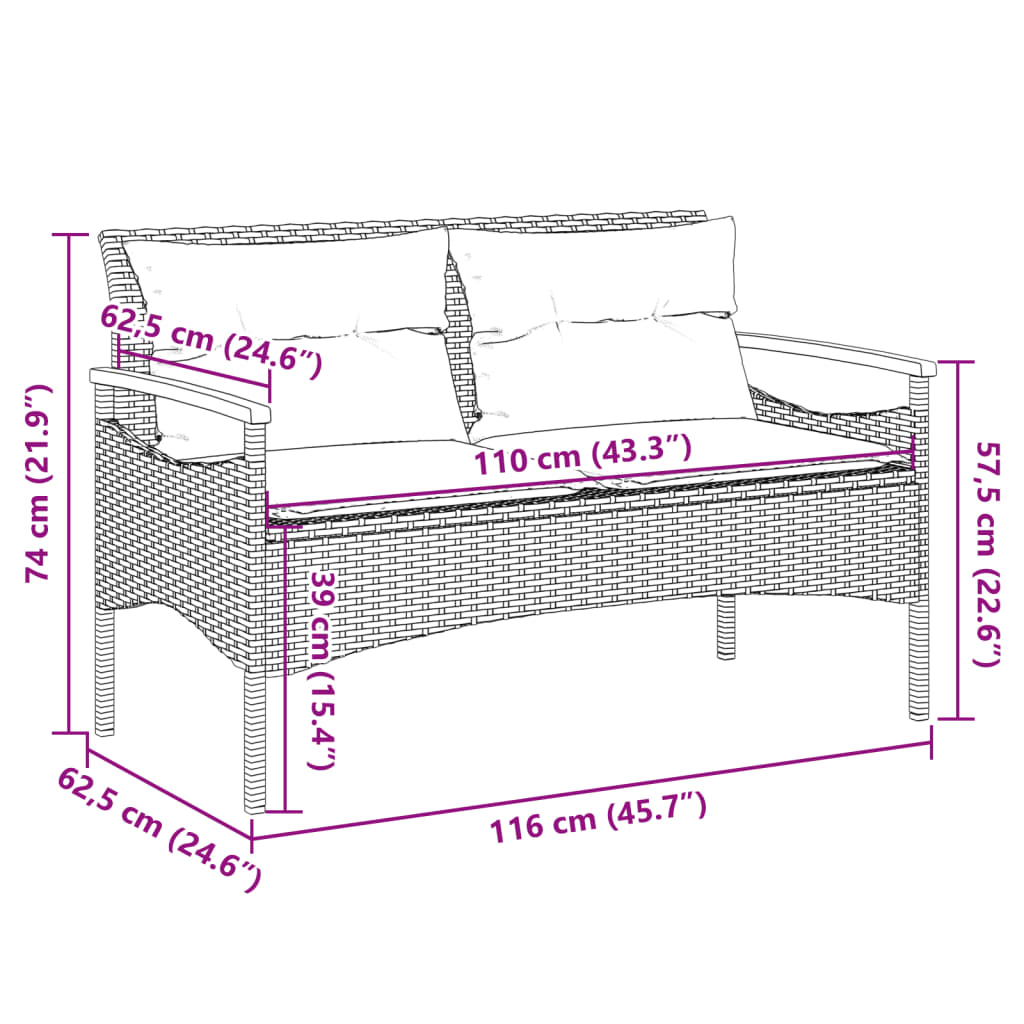 Garden bench with cushions gray synthetic rattan 116x62.5x74 cm