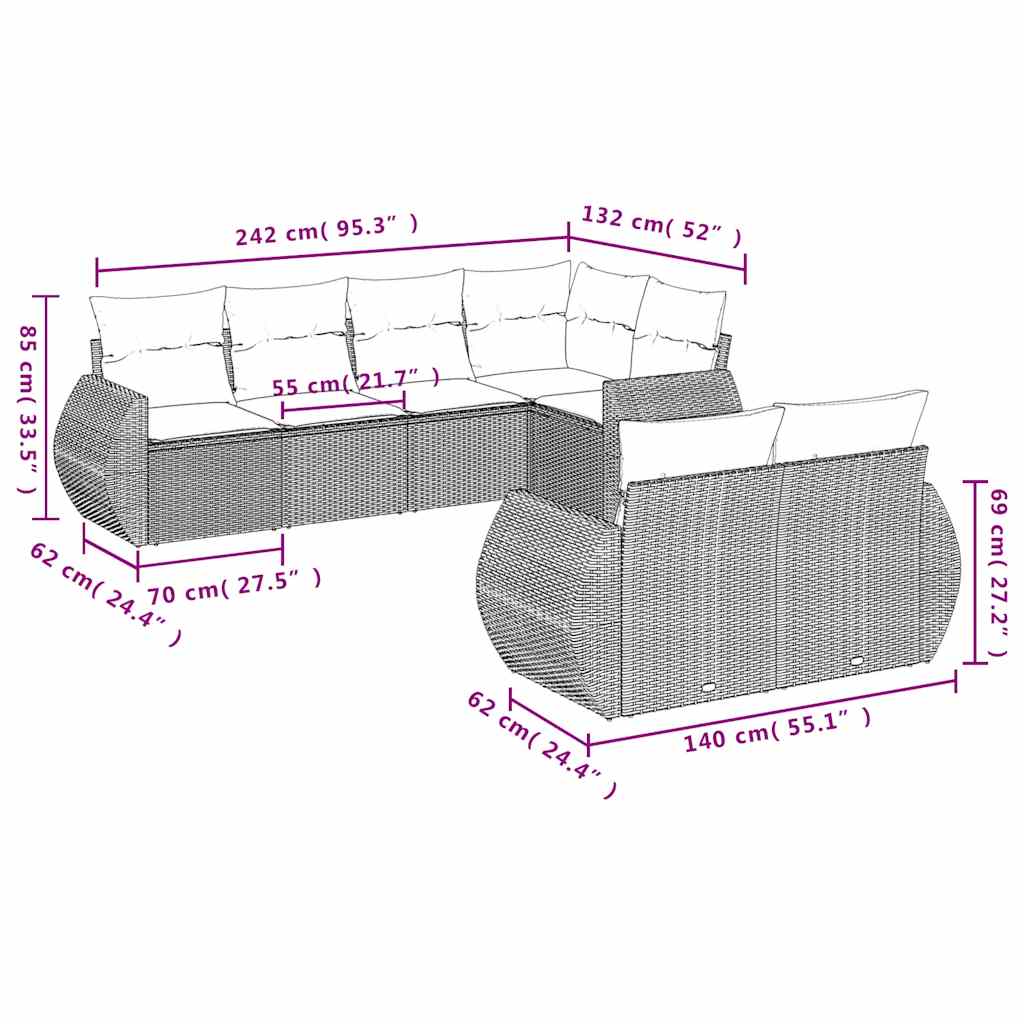 Set de comedor de jardín 7 pzas y cojines ratán sintético negro