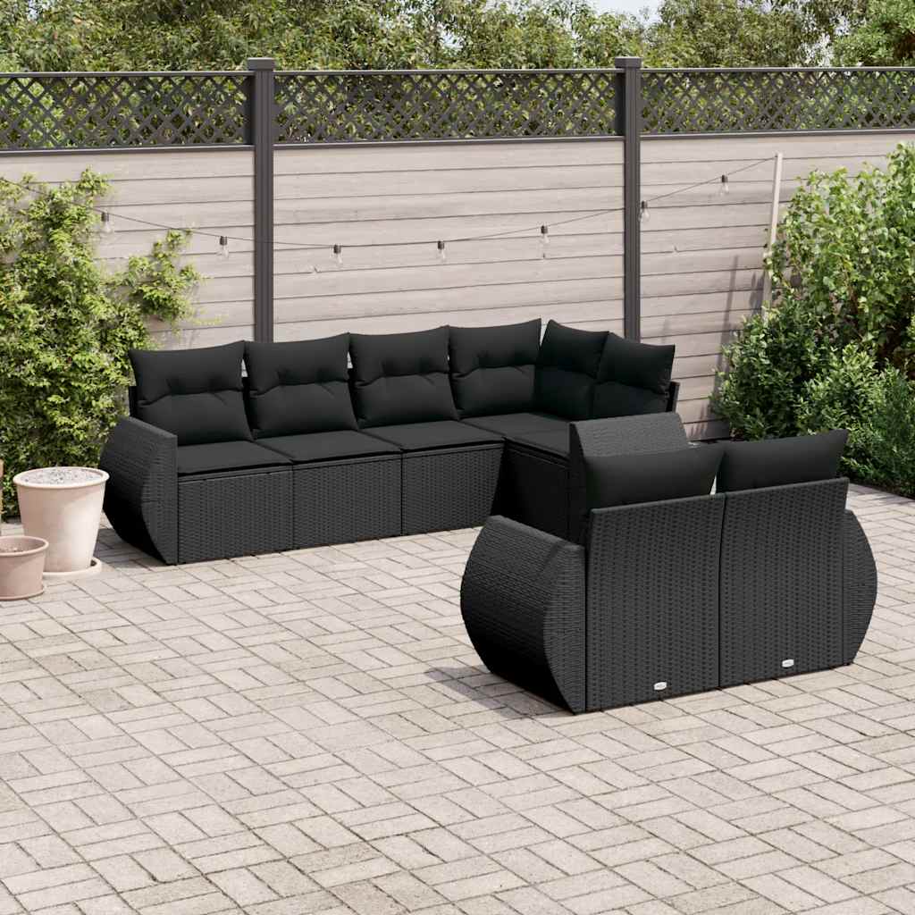 Set de comedor de jardín 7 pzas y cojines ratán sintético negro