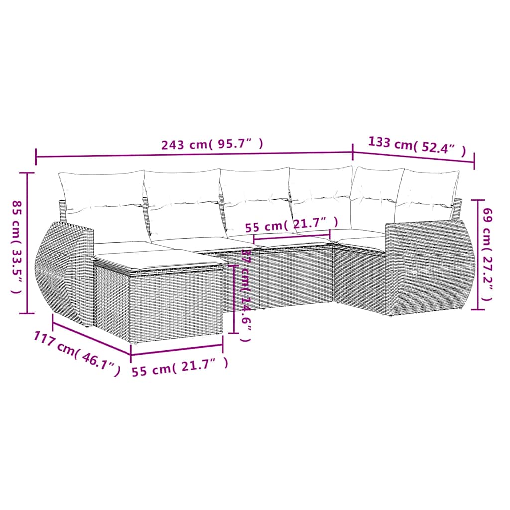 Set de sofás de jardín 6 pzas y cojines ratán sintético gris