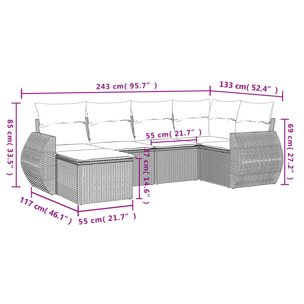 Set sofás de jardín 6 piezas y cojines ratán sintético marrón