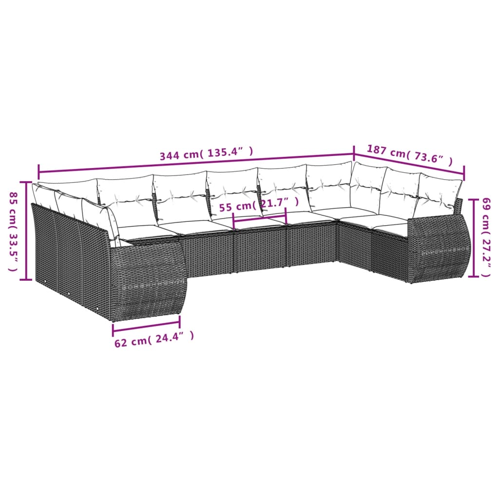 Set de sofás de jardín 11 pzas cojines ratán sintético marrón
