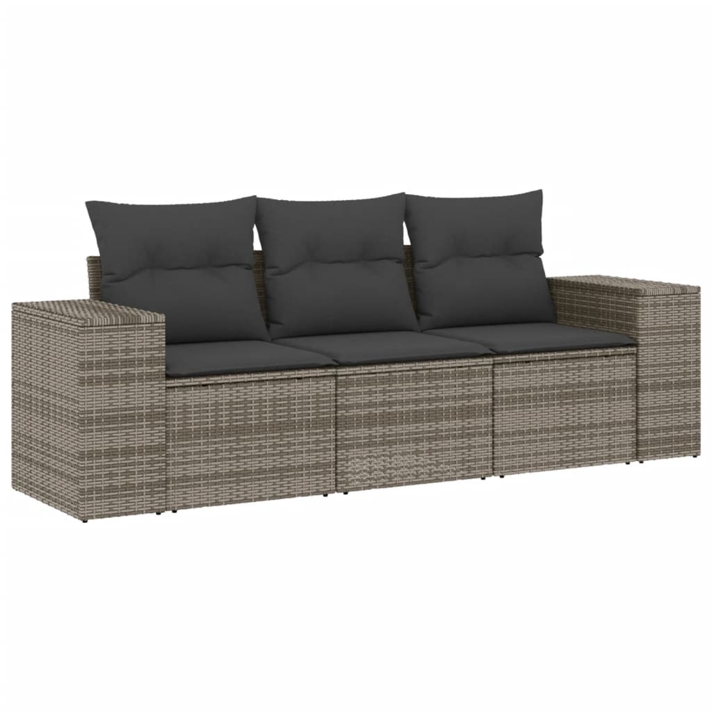 Set de sofá de jardín 3 pzas y cojines ratán sintético gris