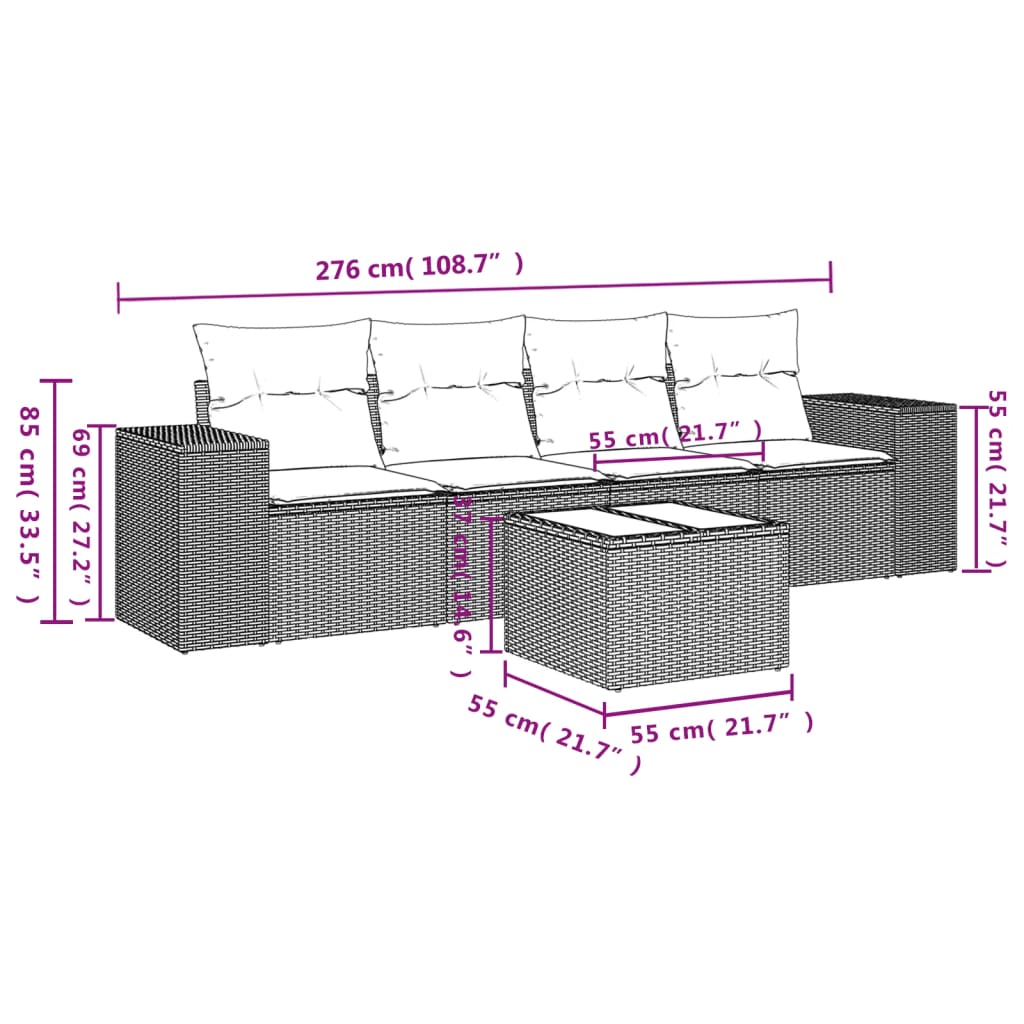 Set comedor de jardín 5 piezas y cojines ratán sintético marrón