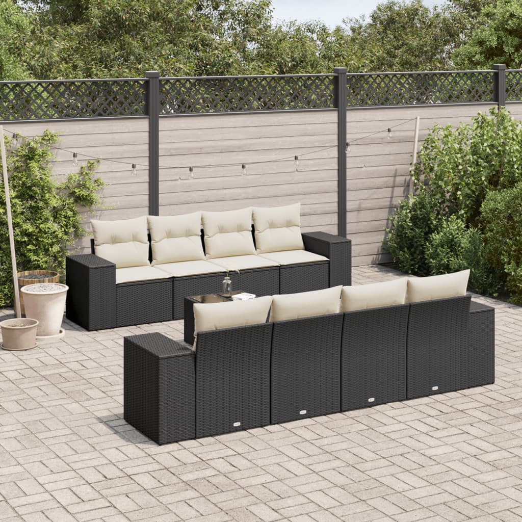Conjunto de sofás de jardim 8 peças com almofadas vime sintético preto