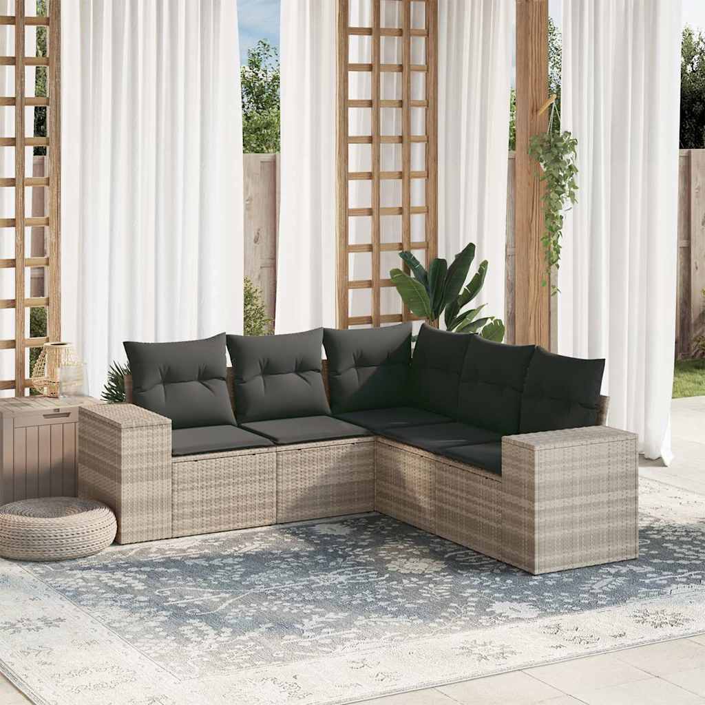 Set de sofás jardín y cojines 5 pzas ratán sintético gris claro