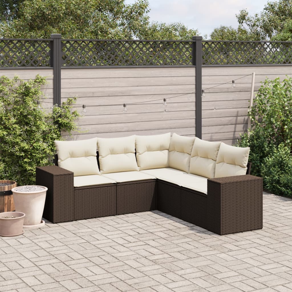 Set comedor de jardín 5 piezas y cojines ratán sintético marrón