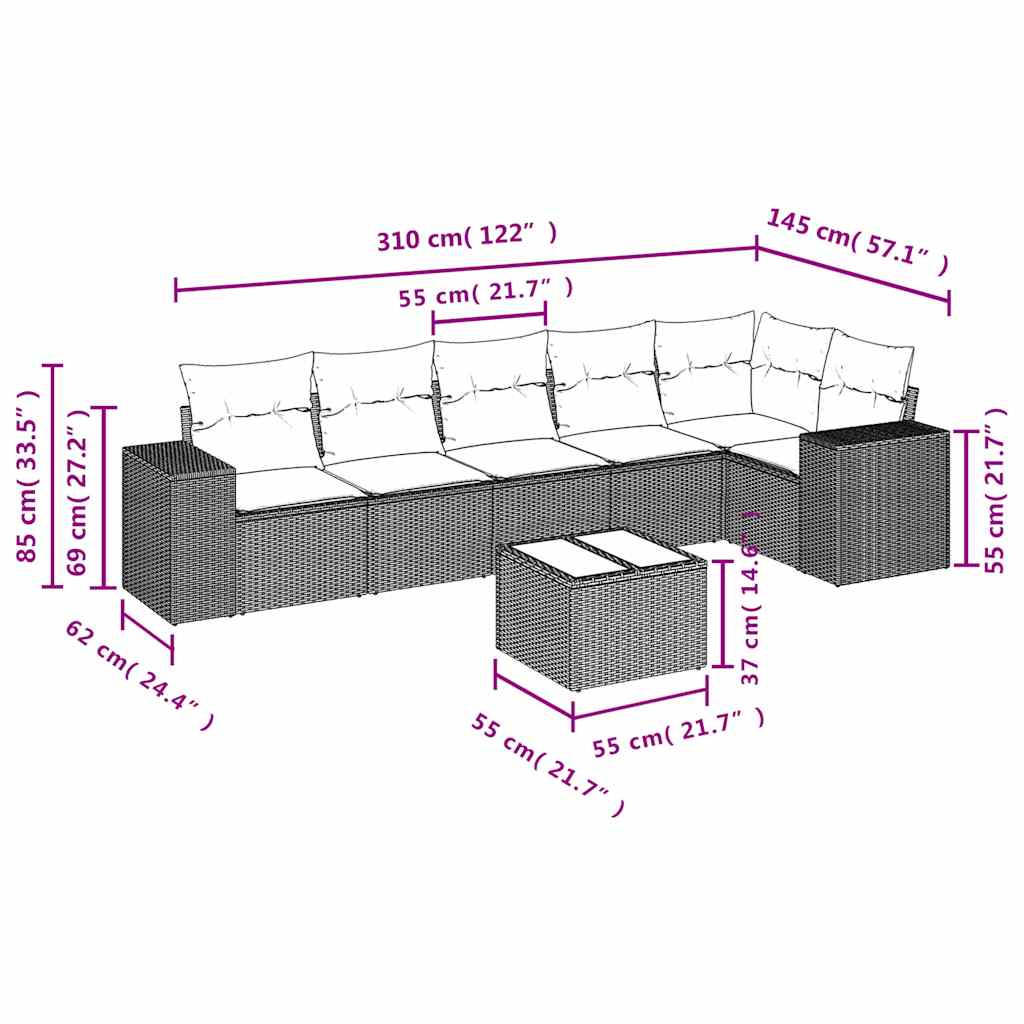 Set sofás de jardín 7 piezas y cojines ratán sintético beige