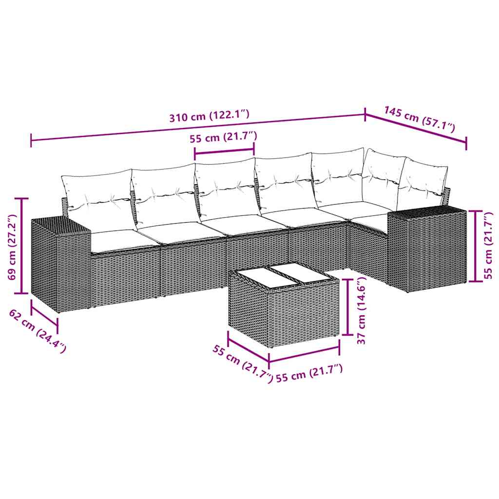 Set de sofás de jardín 7 pzas con cojines ratán PE gris claro