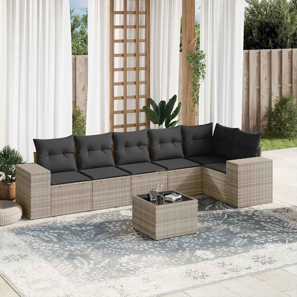 Set de sofás de jardín 7 pzas con cojines ratán PE gris claro