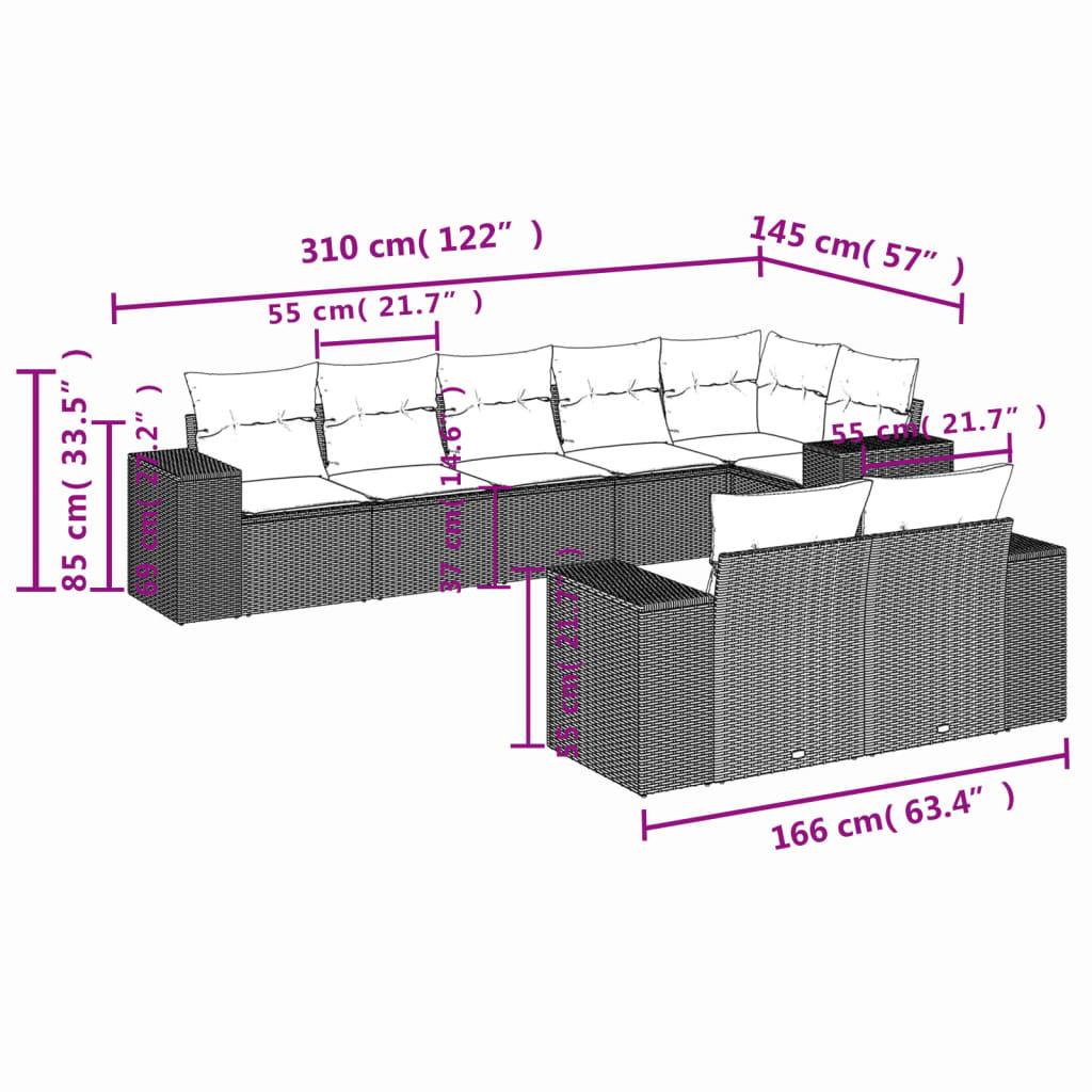 Set de sofás de jardín 8 pzas y cojines ratán sintético gris