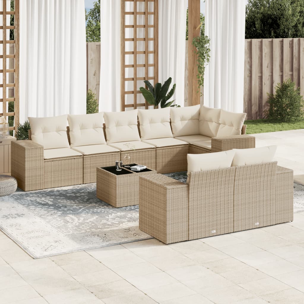Set de sofás de jardín 9 pzas con cojines ratán sintético beige