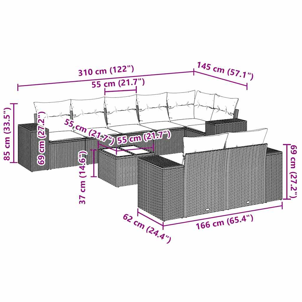 Set muebles jardín 9 pzas y cojines ratán sintético gris claro
