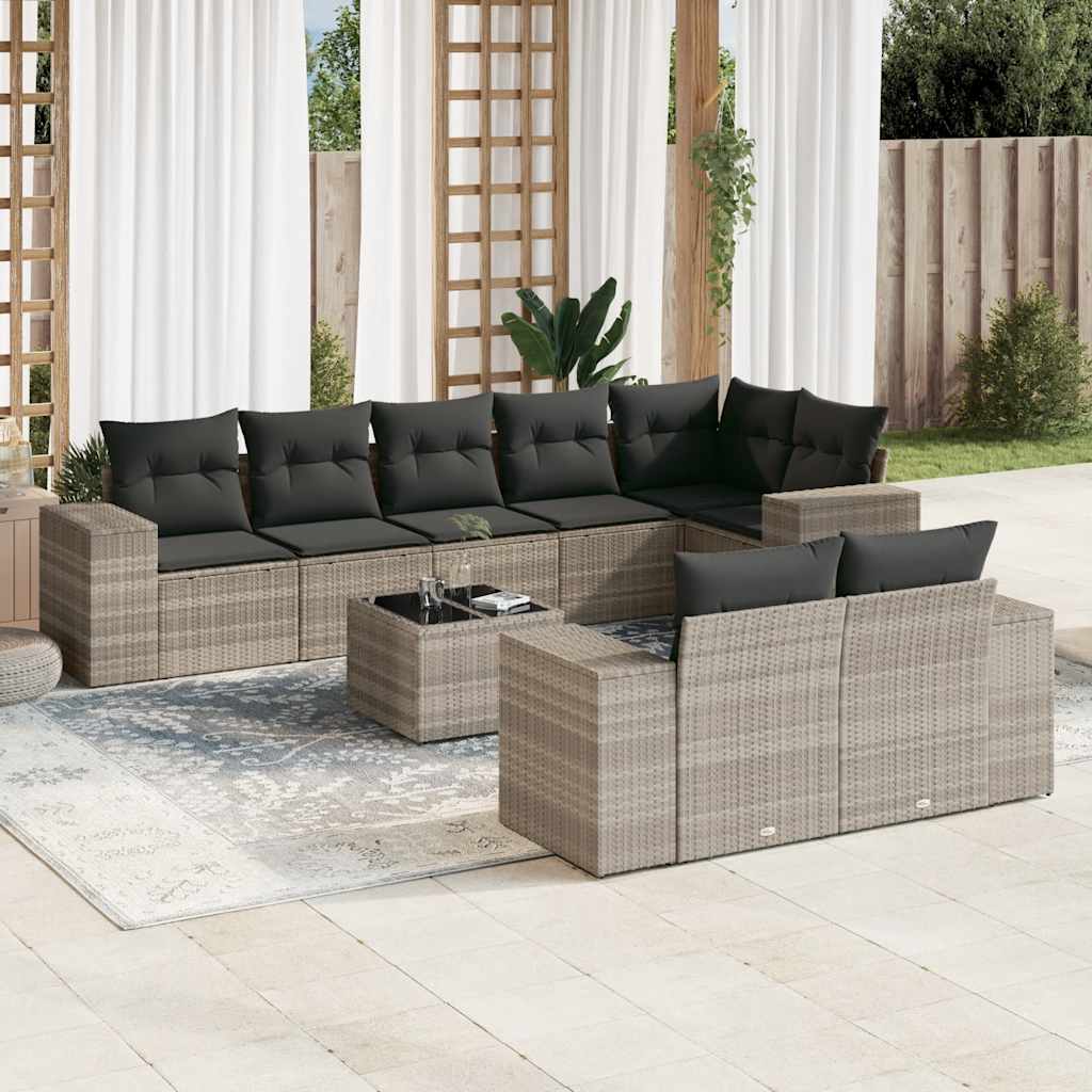 Set muebles jardín 9 pzas y cojines ratán sintético gris claro