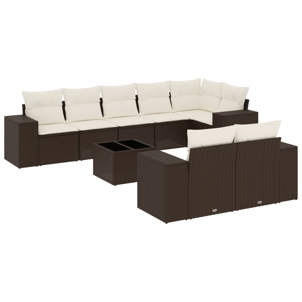 Set de sofás de jardín 9 pzas y cojines ratán sintético marrón
