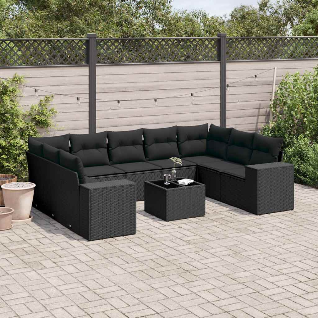 Set de sofás de jardín 10 pzas cojines ratán sintético negro