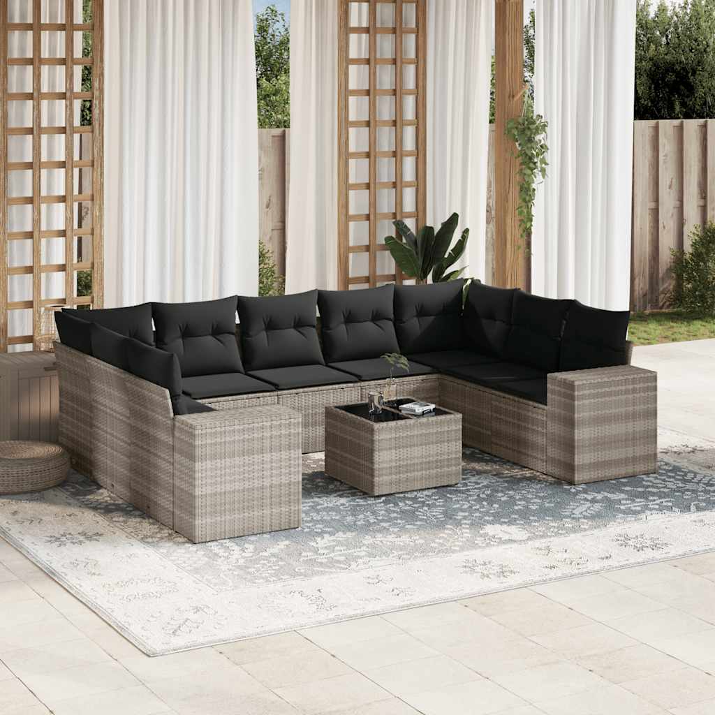 Set sofás jardín 10 pzas con cojines ratán sintético gris claro