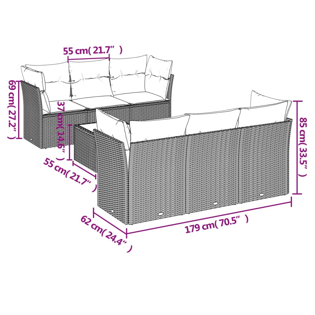 Set de comedor de jardín 7 pzas y cojines ratán sintético negro