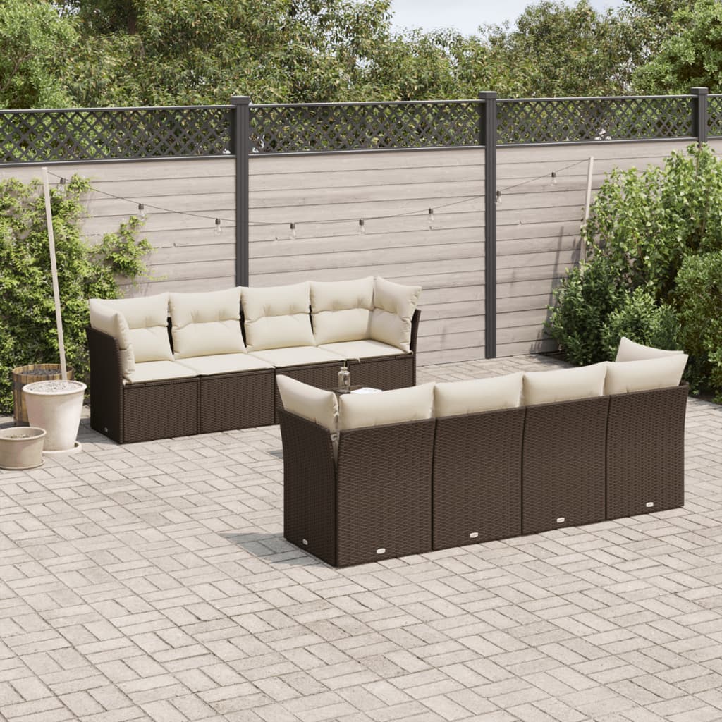 Set de sofás de jardín 9 pzas con cojines ratán sintético gris