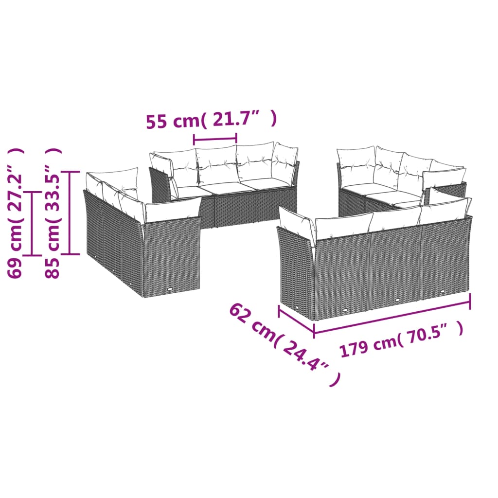 Set de sofás de jardín 12 pzas y cojines ratán sintético marrón