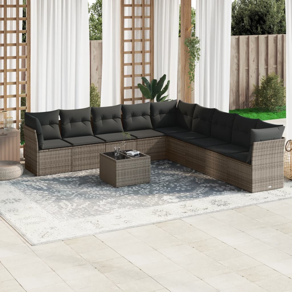 Set de sofás de jardín 10 pzas cojines ratán sintético negro