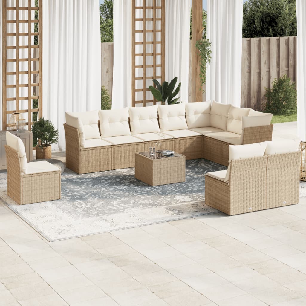 Set de sofás de jardín 11 pzas y cojines ratán sintético negro
