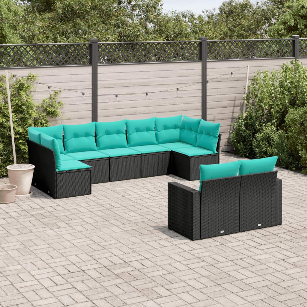 Set de sofás de jardín 9 pzas con cojines ratán sintético gris