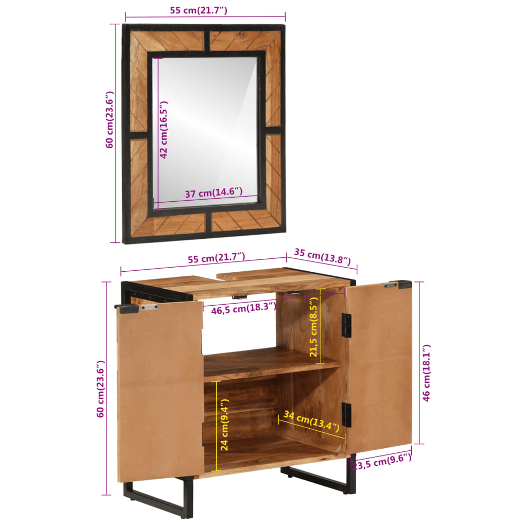 Conjunto de muebles baño 2 pzas madera maciza acacia y hierro
