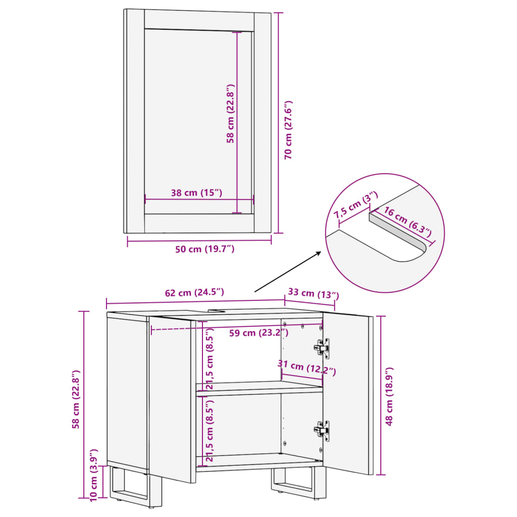 Conjunto de muebles de baño 2 piezas madera maciza de acacia