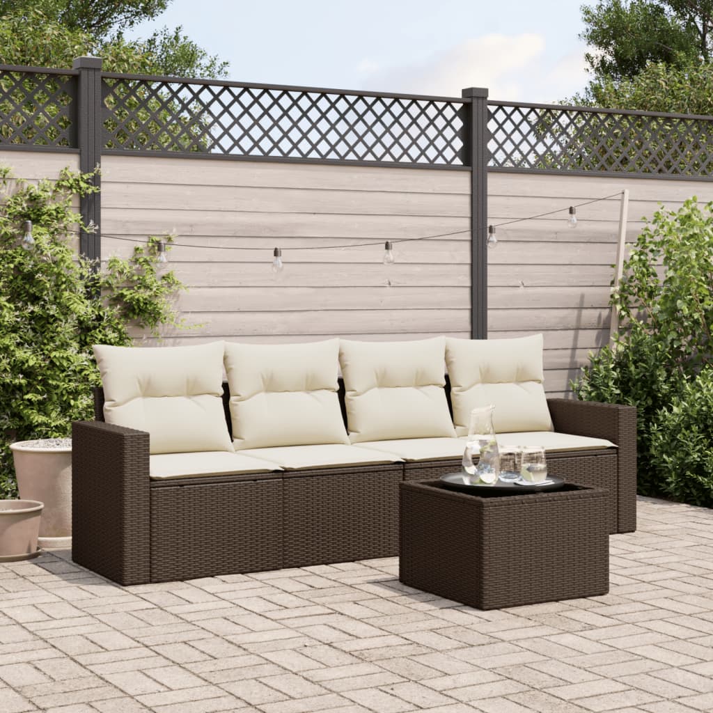 Set comedor de jardín 5 piezas y cojines ratán sintético marrón