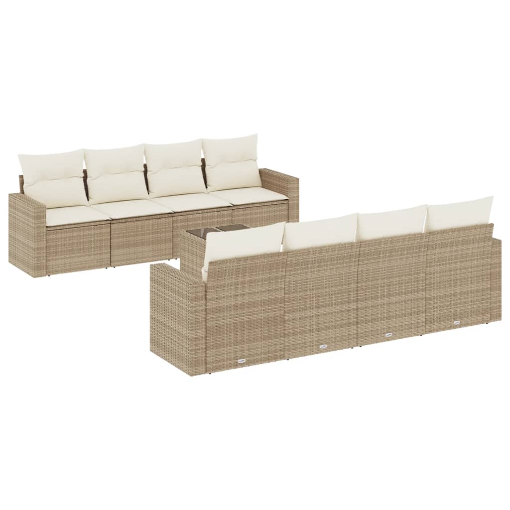 Set de sofás de jardín 9 pzas con cojines ratán sintético beige