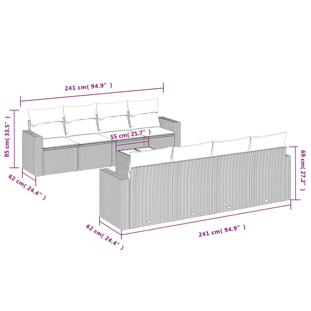 Set de muebles de jardín 9 pzas y cojines ratán sintético gris