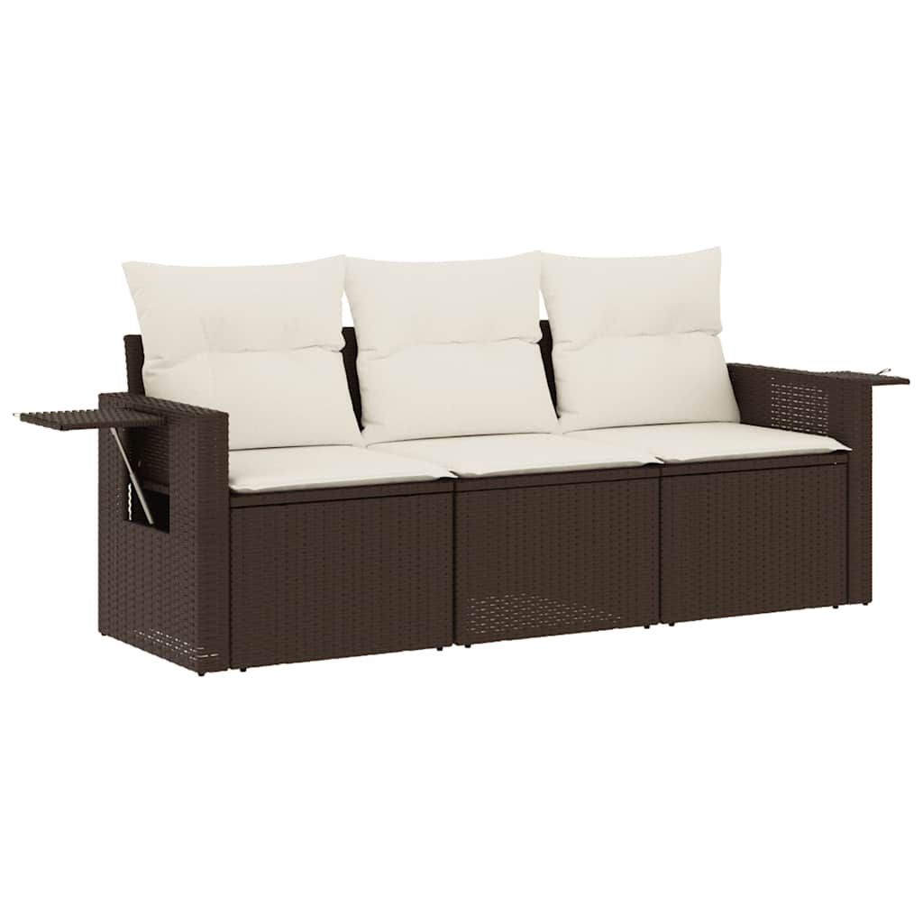 Set sofás de jardín 3 piezas y cojines ratán sintético marrón
