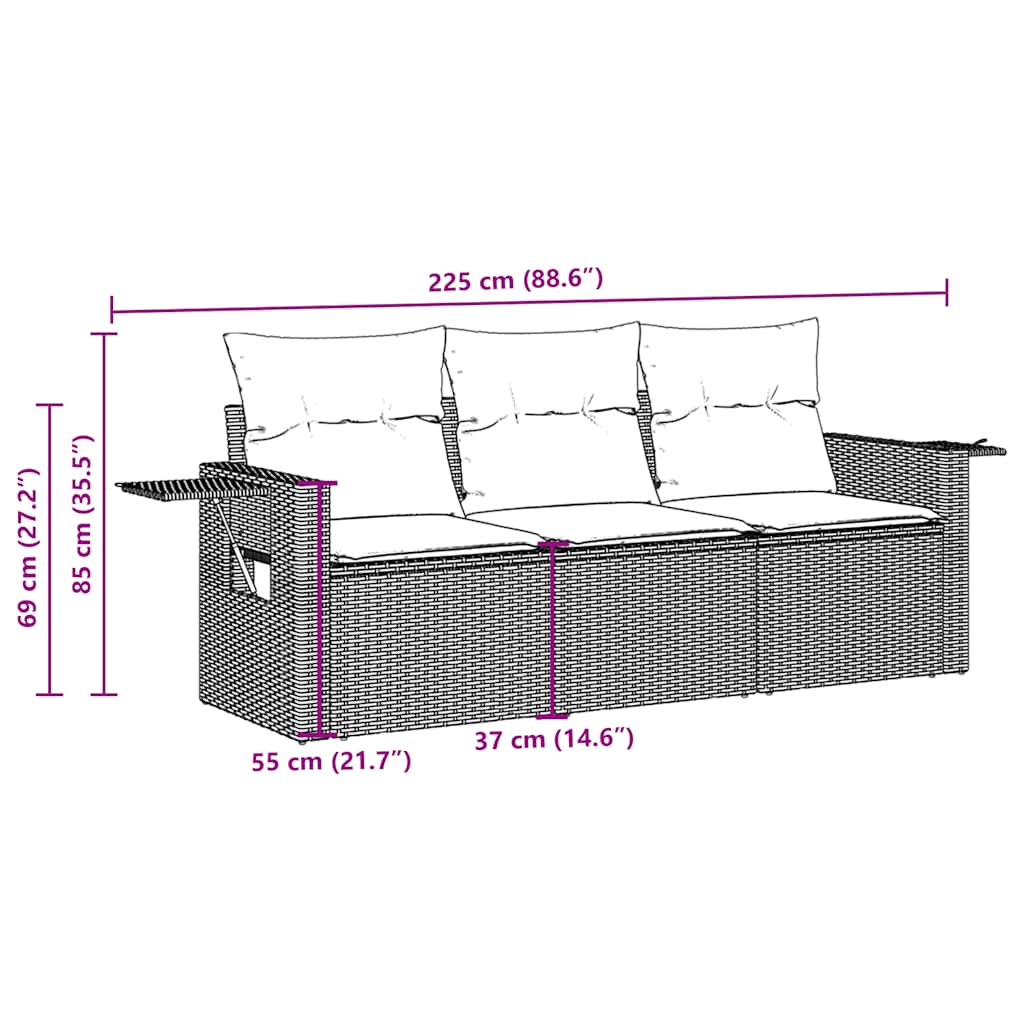 Set sofás de jardín 3 piezas y cojines ratán sintético marrón