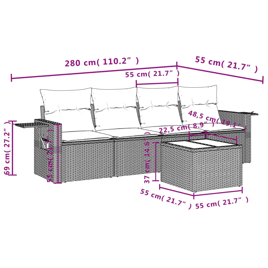 Set de muebles de jardín 5 pzas y cojines ratán sintético negro