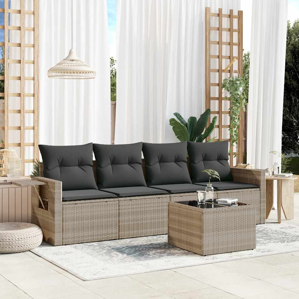 Set de sofás jardín y cojines 5 pzas ratán sintético gris claro