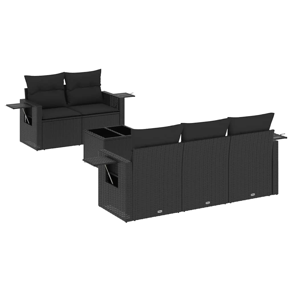 Set de sofás de jardín 6 piezas y cojines ratán sintético negro
