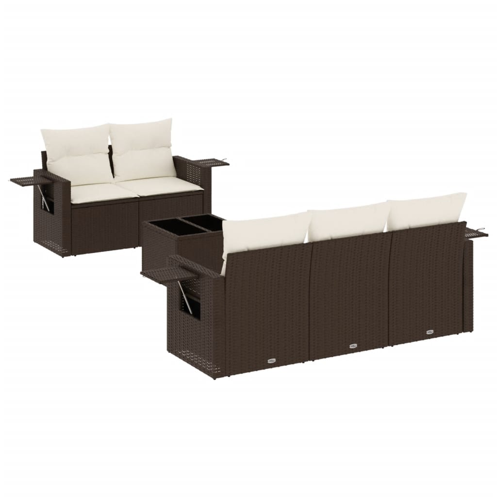 Set sofás de jardín 6 piezas y cojines ratán sintético marrón
