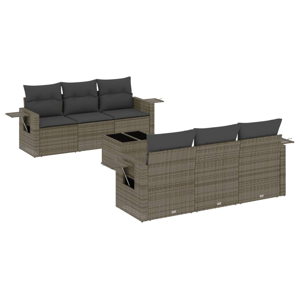Set de sofás de jardín 7 piezas con cojines ratán PE gris