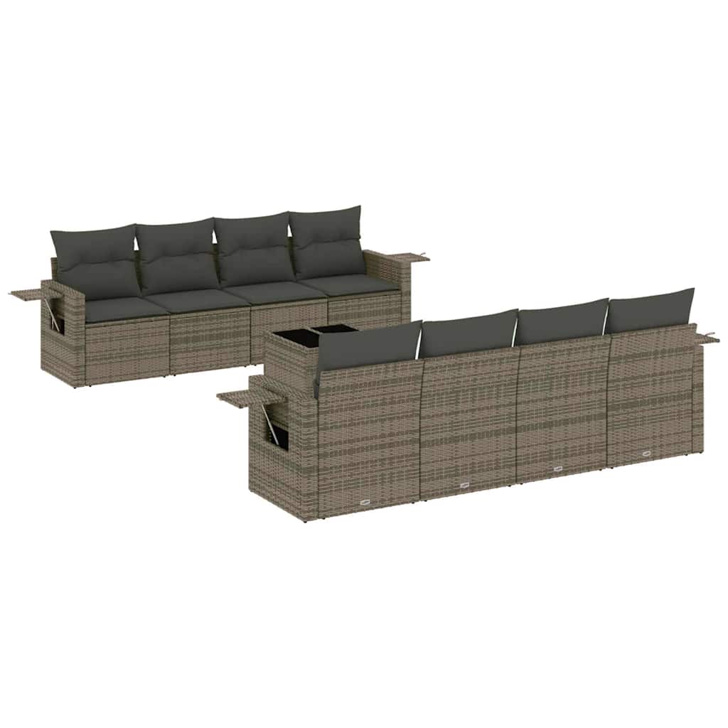 Set muebles jardín 9 pzas y cojines ratán sintético gris claro