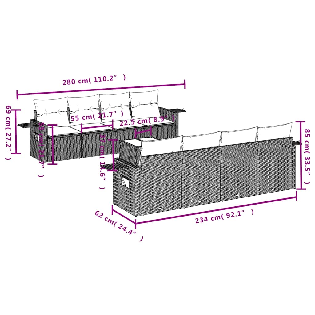 Set muebles jardín 9 pzas y cojines ratán sintético gris claro