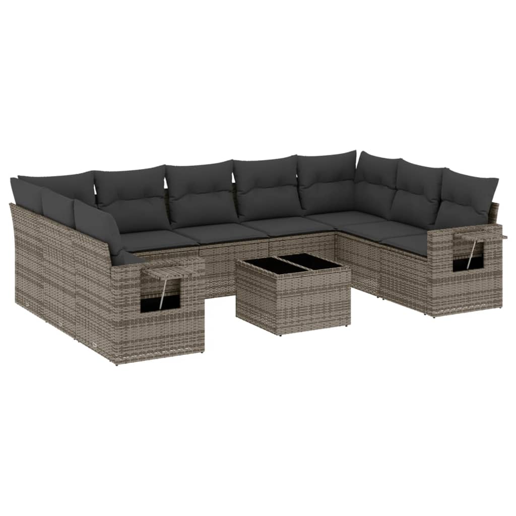 Set de sofás de jardín 10 pzas con cojines ratán sintético gris