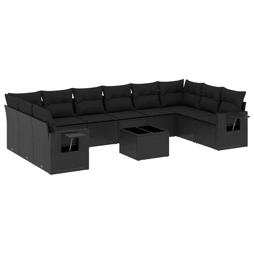 Set de sofás de jardín 11 pzas y cojines ratán sintético negro