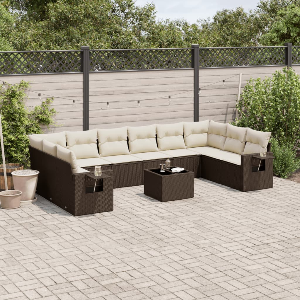 Set de sofás de jardín 11 pzas cojines ratán sintético marrón