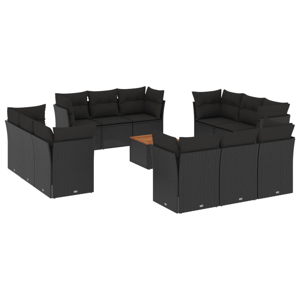 Set de sofás de jardín y cojines 13 pzas ratán sintético negro