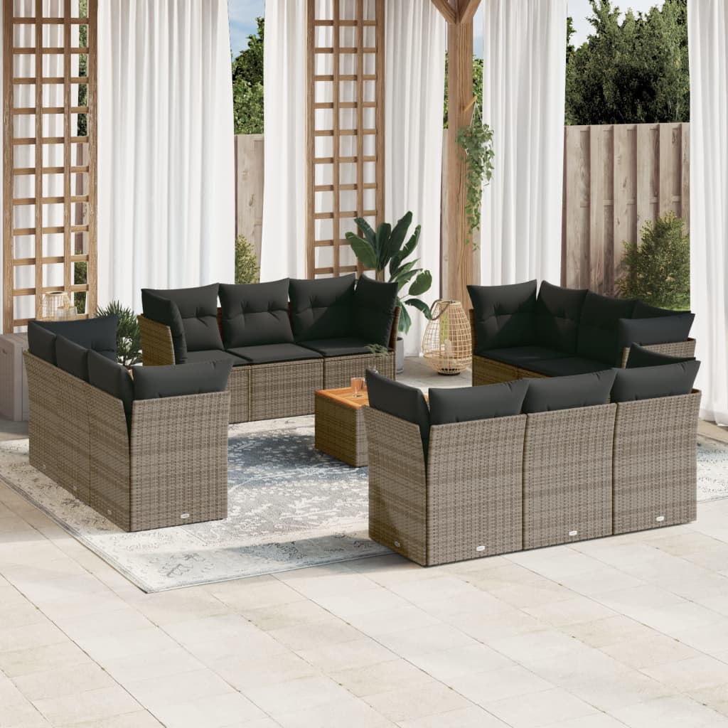 Set sofás de jardín con cojines 13 piezas ratán sintético gris
