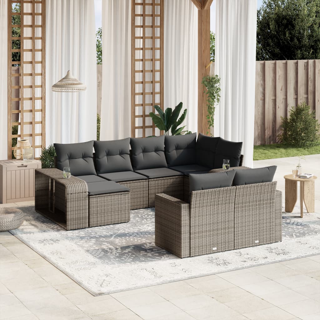 Set de sofás de jardín 10 pzas con cojines ratán sintético gris