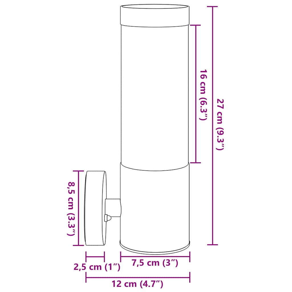 Luz de pared exterior 2 pcs Negro 12 x 8,5 x 27 cm