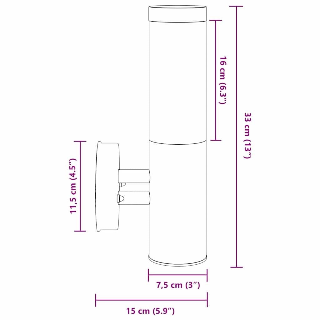 Luz de pared exterior 2 pcs Negro 15 x 7,5 x 33 cm